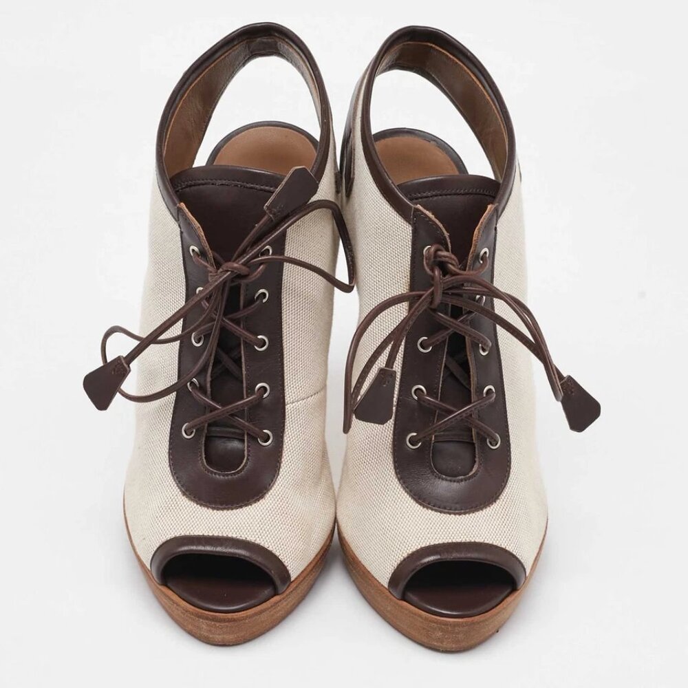 Hermes Off White/Brown Canvas and Leather Platform Booties Size 37 488-050125 - Picture 2 of 9